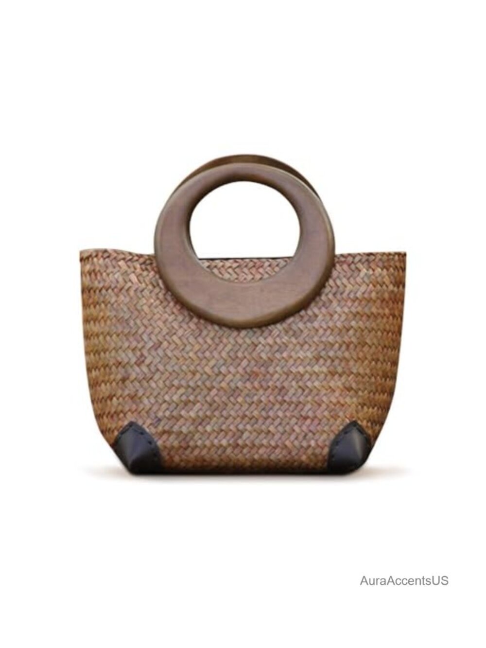 Handwoven Rattan Straw Boho Tote with Wood Round Handle